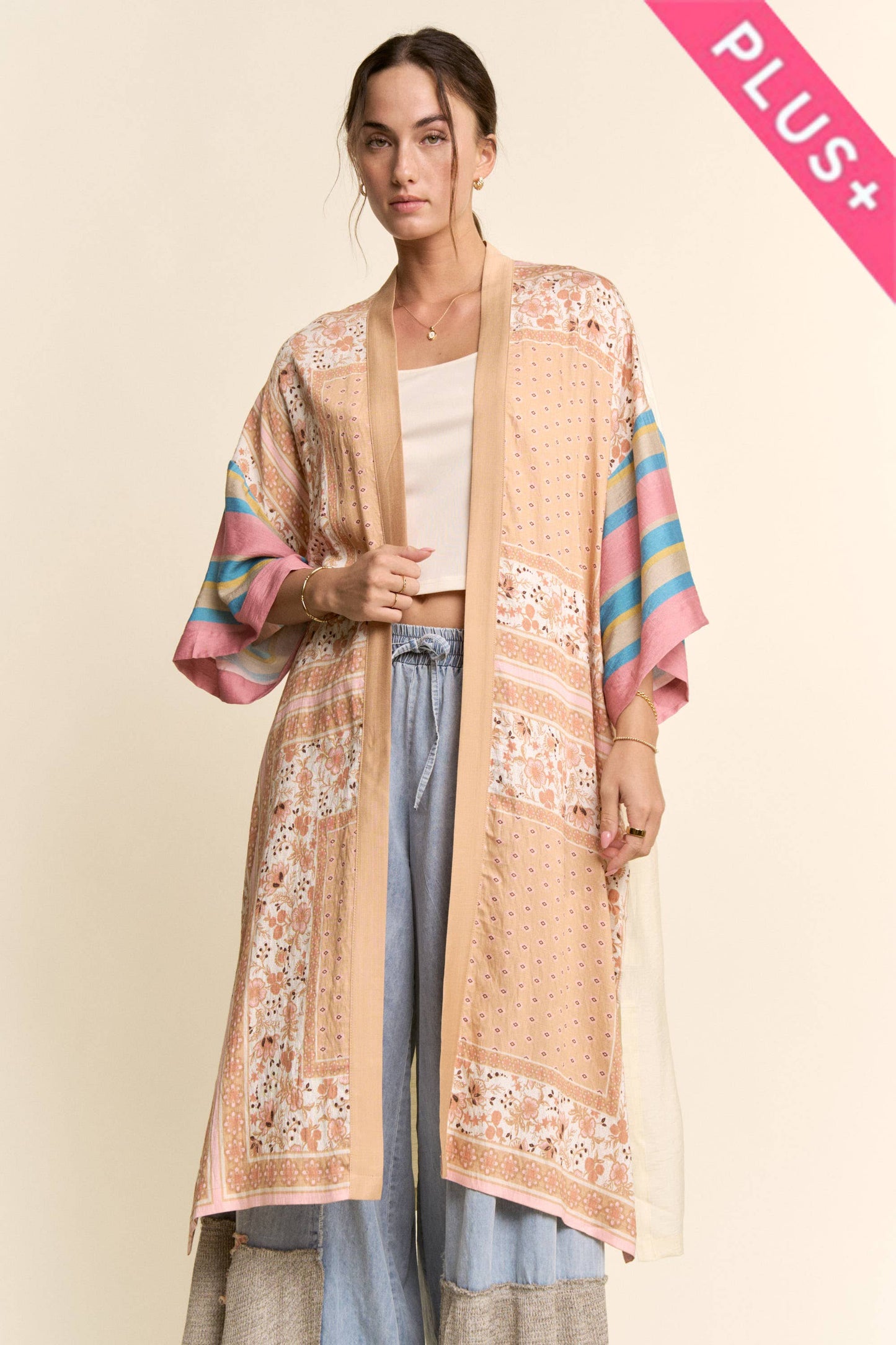 Davi & Dani - GARDEN WHIMSY CAT PRINTED BACK KIMONO DUSTER