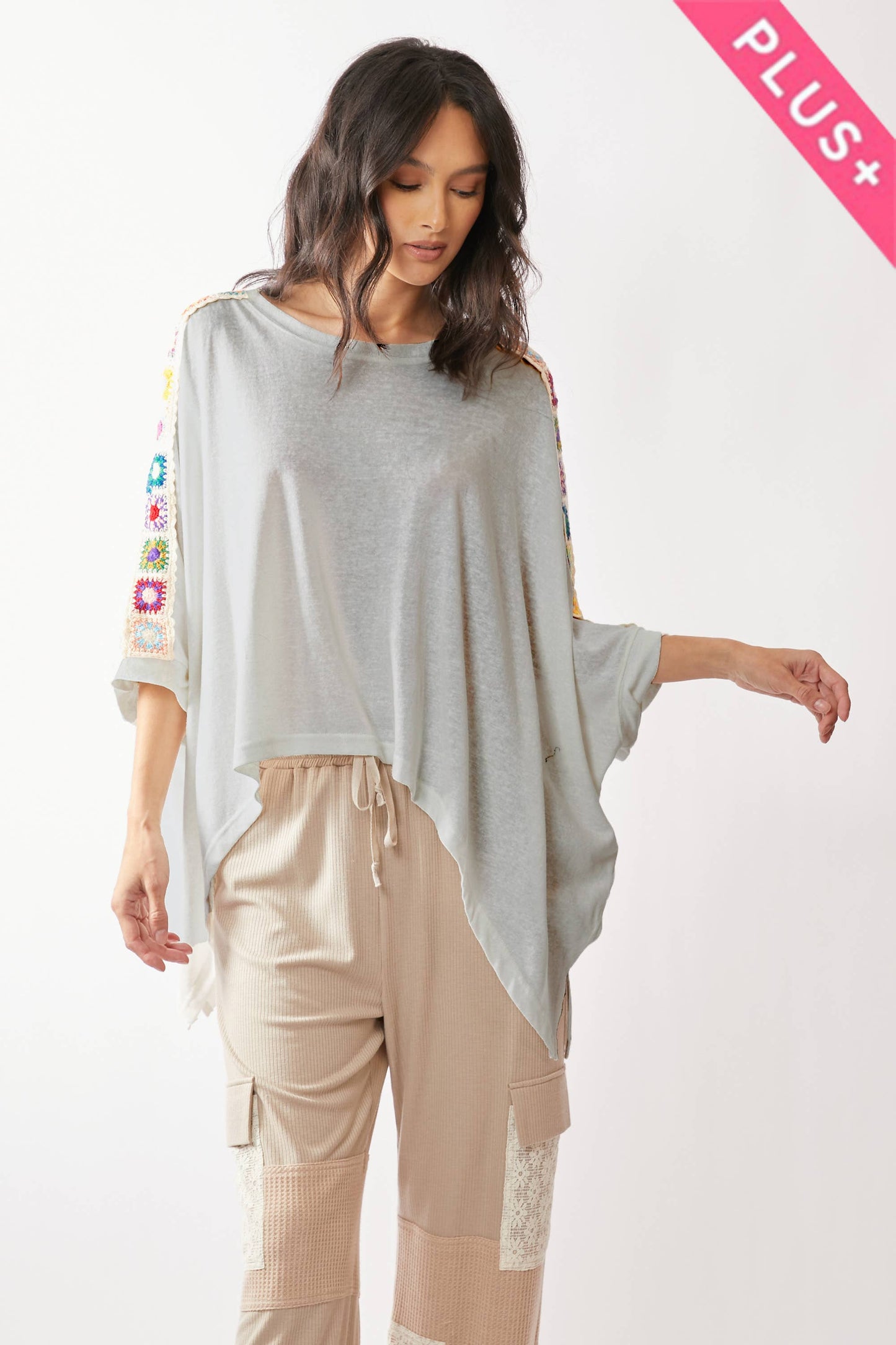 Davi & Dani - Grey Boho Dolman Top w/Crochet Trim