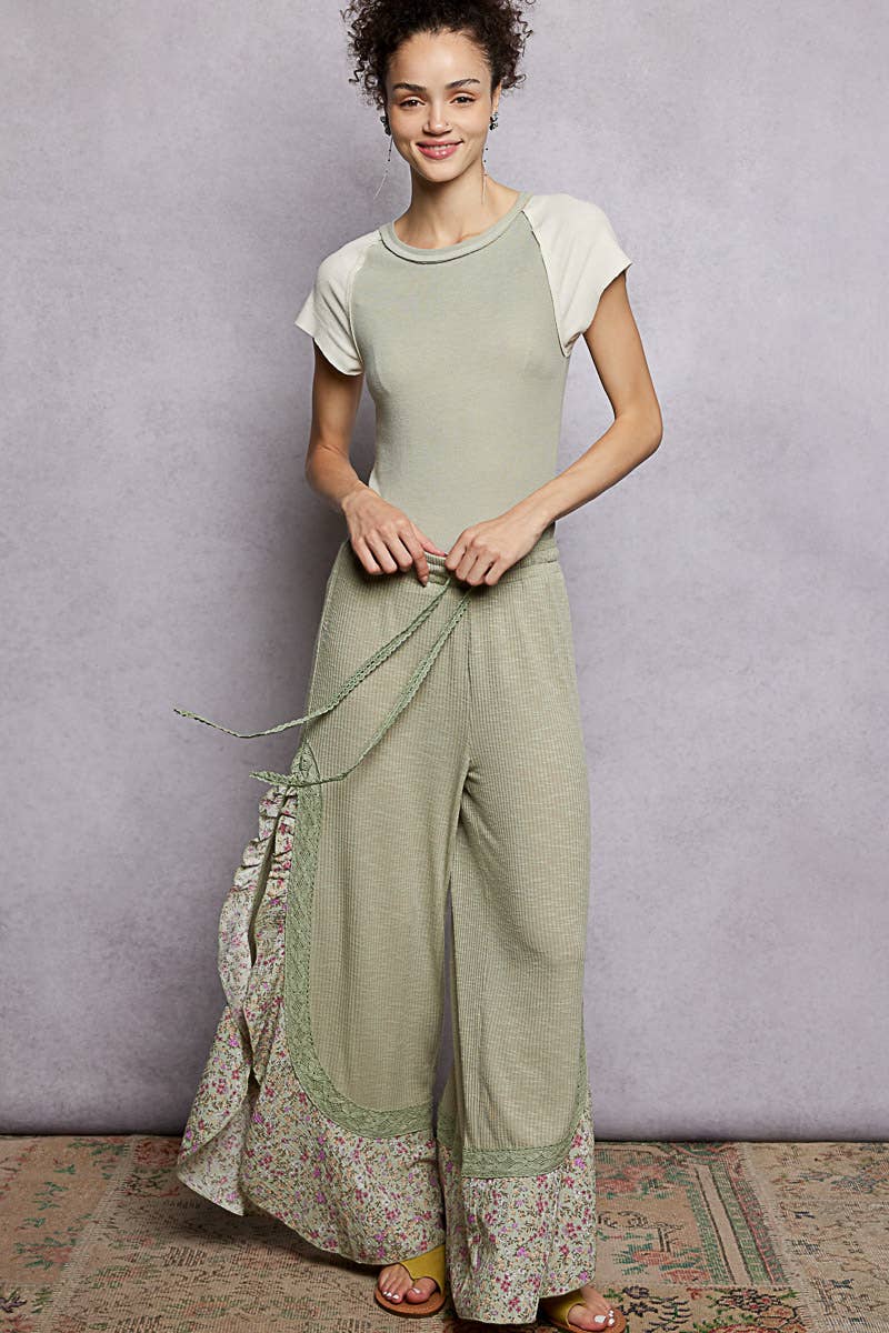 Pol Clothing - Floral Pattern Ruffle Detail Ribbed Knit Pants