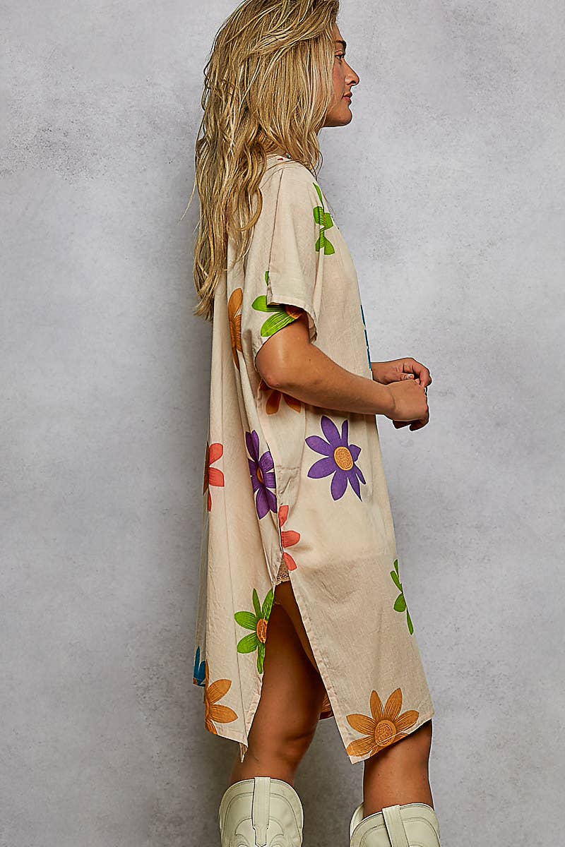 Pol Clothing - 1/2 Sleeve V neck Beads Trim Floral Printed Woven Dress