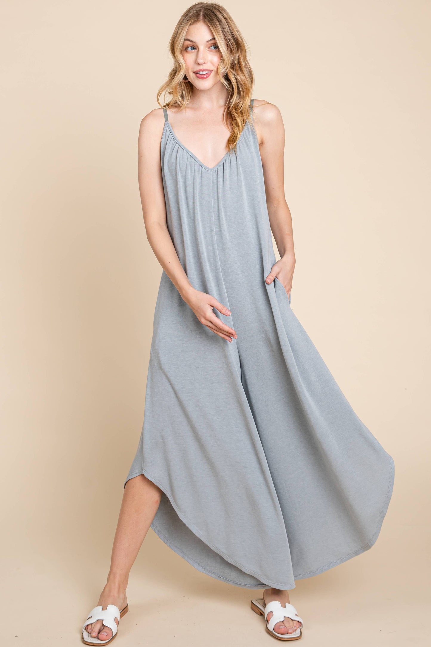 Grey Solid French Terry Wide Leg Jumpsuit