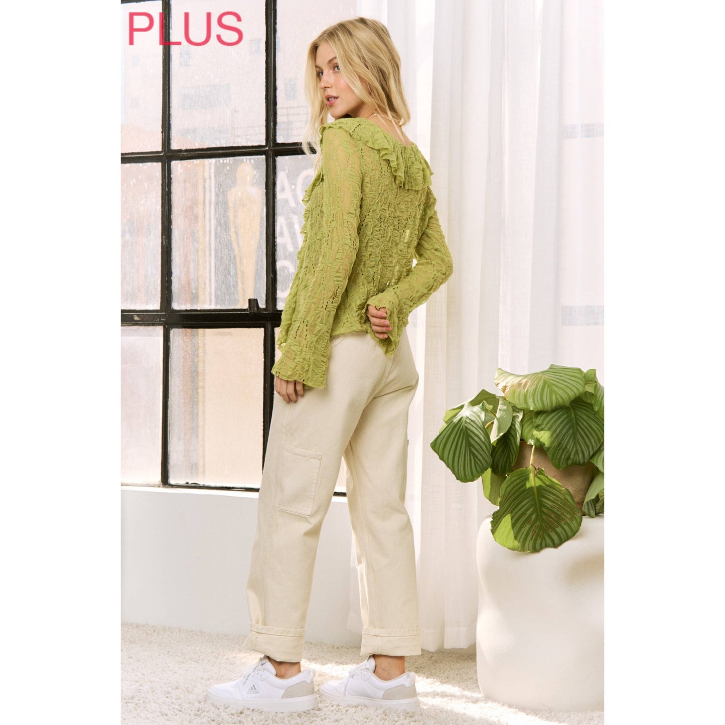 Sweet Generis - LIME GREEN LACE RUFFLE V-NECKLINE TOP WITH LONG SLEEVES
