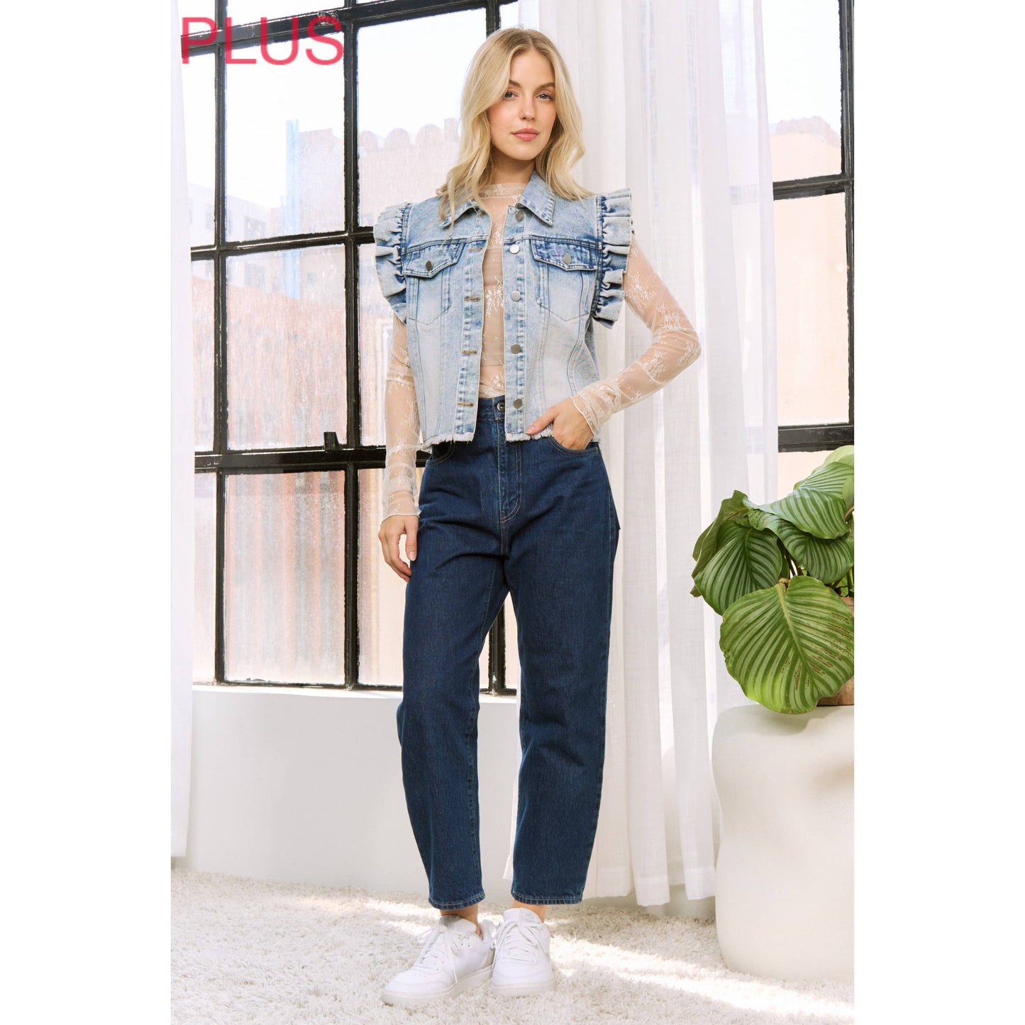 Sweet Generis - DENIM WASH VEST JACKET with ARMHOLE RUFFLE DETAILS