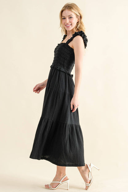 AND THE WHY- Black Ruched Shoulder Strap Cotton Midi Dress