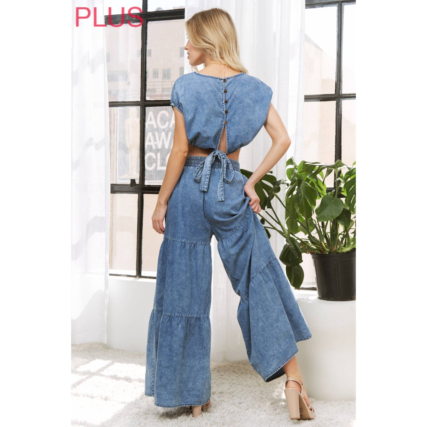 Sweet Generis -  CHIC DENIM ELASTIC WAIST BAND WIDE LEG FLARED PANTS