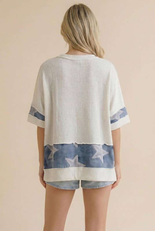 White & Denim Watercolor Oversized Star Top