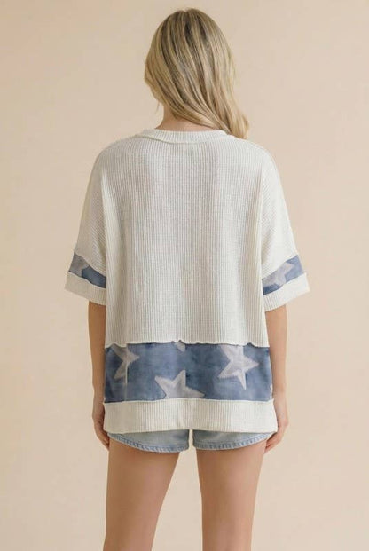 White & Denim Watercolor Oversized Star Top