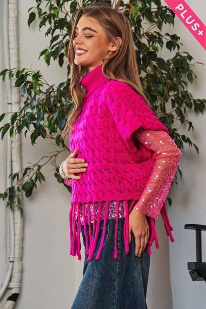 Viva Magenta Fringed Hem Turtleneck Sweater by Davi & Dani