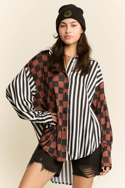 JADE BY JANE - PLUS SIZE SPLIT DECISION CHECKER-STRIPE BLOUSE