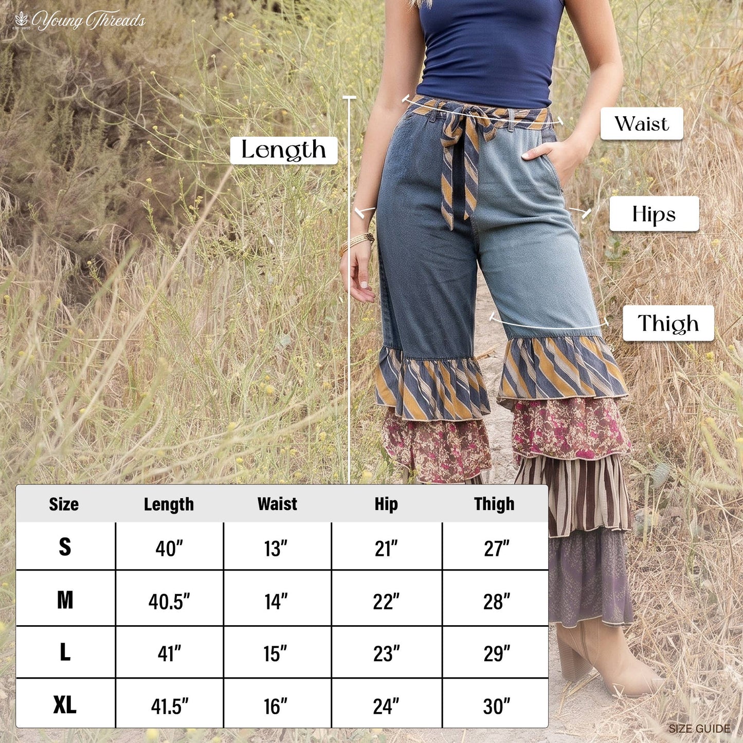 Young Threads - Mixed Print Denim Patchwork Ruffle Flare Pants with Belt NEW