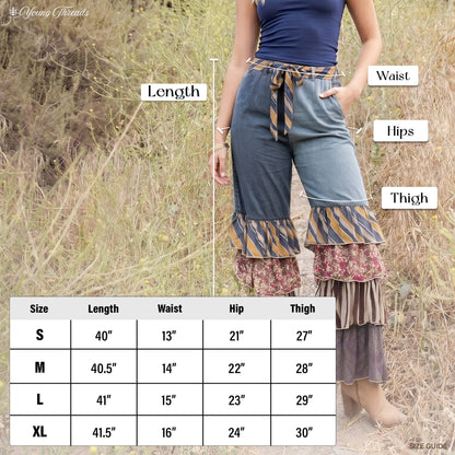 Young Threads - Mixed Print Denim Patchwork Ruffle Flare Pants with Belt NEW