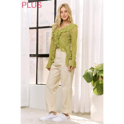 Sweet Generis - LIME GREEN LACE RUFFLE V-NECKLINE TOP WITH LONG SLEEVES