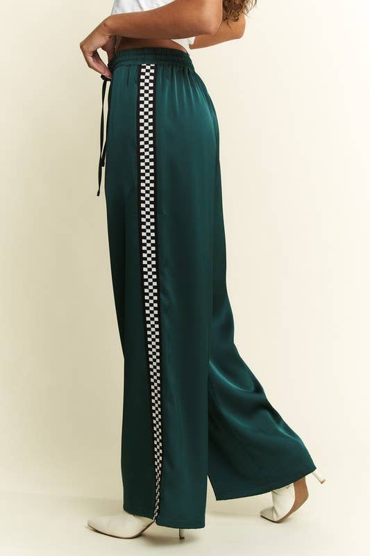 JADE BY JANE - SOLID SATIN SWEATPANTS WITH SIDE CHECKERBOARD TAPE