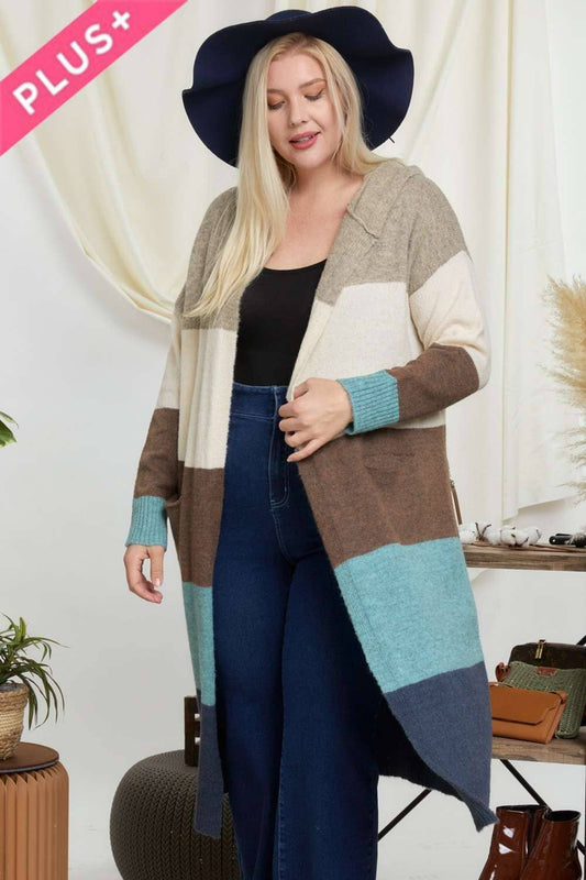 CURVY COLOR BLOCK HOODIE OPEN LONGLINE CARDIGAN