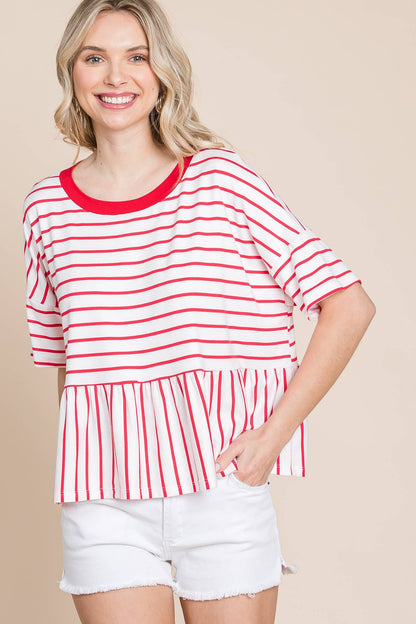 Coral Striped Babydoll Short Sleeve Top