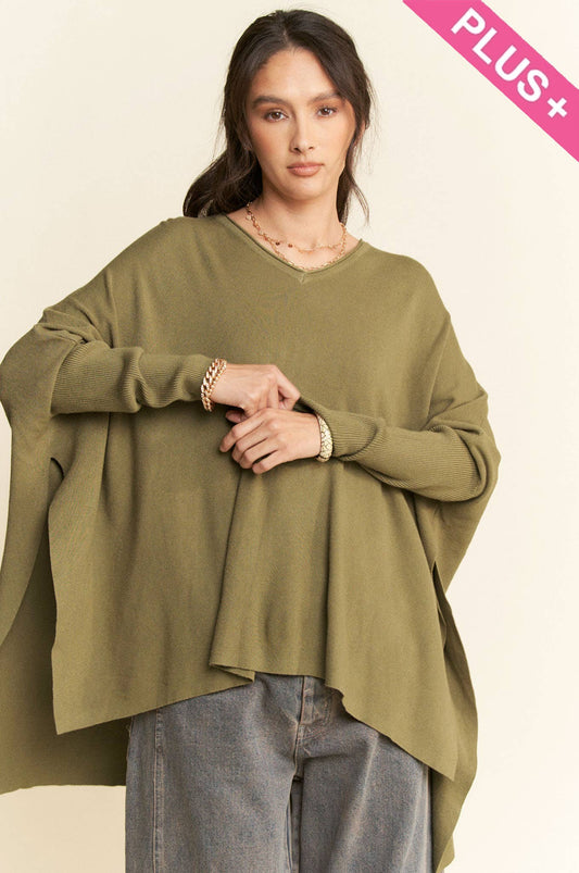 OLIVE HIGH-LOW ASYMMETRICAL SOLID LONG SLEEVE SWEATER