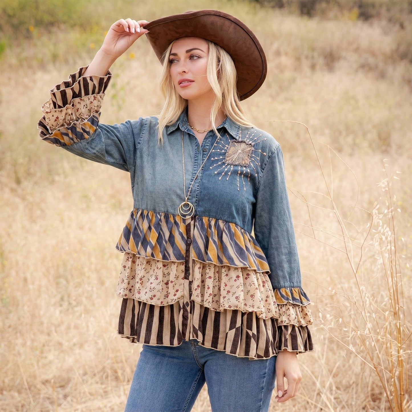 Young Threads - Vintage Boho Denim Yoke Patchwork Tiered Tunic Top  NEW