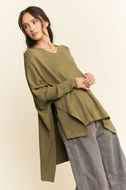 OLIVE HIGH-LOW ASYMMETRICAL SOLID LONG SLEEVE SWEATER