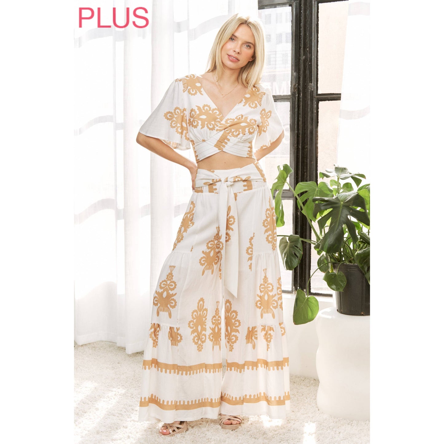 CURVY CHIC BOHO SELF BELTED WIDE LEG PANTS