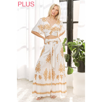 CURVY CHIC BOHO SELF BELTED WIDE LEG PANTS