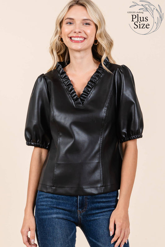 Faux Leather Ruffled V-neck Top