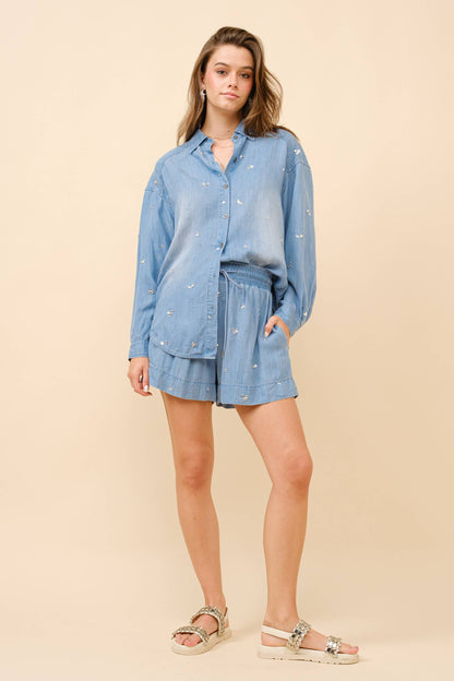 Tencel Crystal Button Up Shirt with Shorts Set