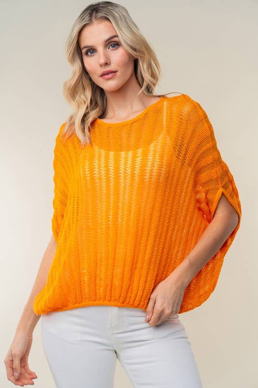 WB- Orange Half Sleeve Solid Knit Sweater Top