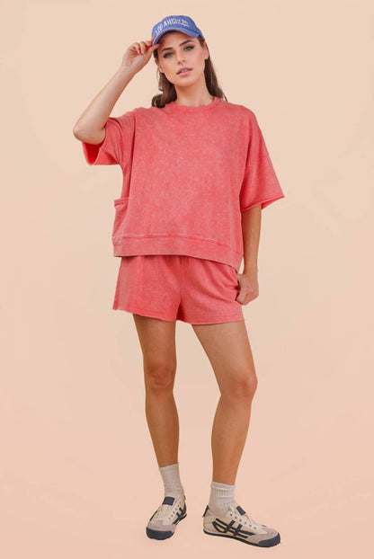 Coral Mineral Washed Knit Casual Top & Shorts