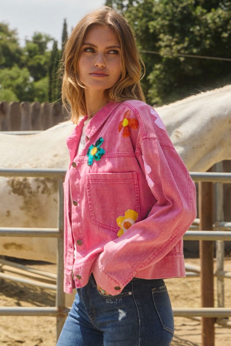 Washed Fuchsia Denim Sequin Patch Jacket
