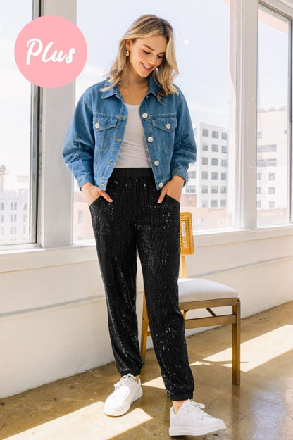 The Curvy Sequin Joggers-Black