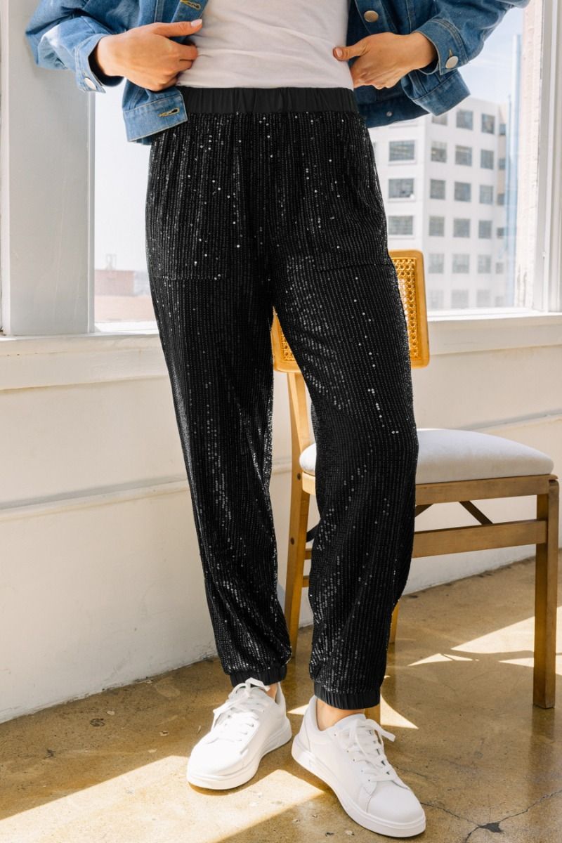 The Curvy Sequin Joggers-Black