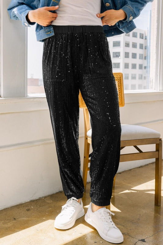 The Curvy Sequin Joggers-Black