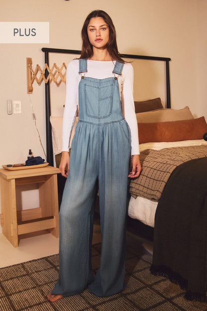 Tencel Denim Wide-Leg Washed Overall Jumpsuit