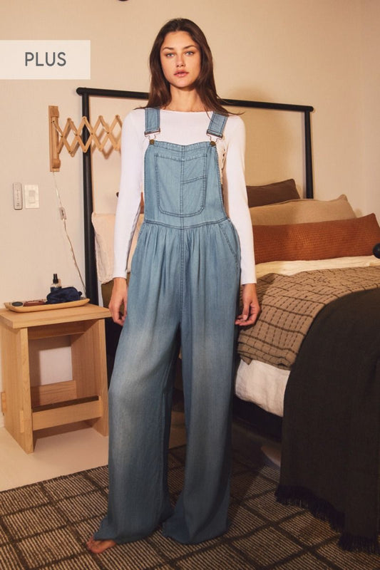 Tencel Denim Wide-Leg Washed Overall Jumpsuit