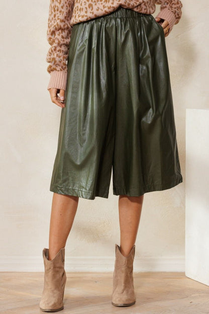 Olive Faux Leather Wide Leg Cropped Pants