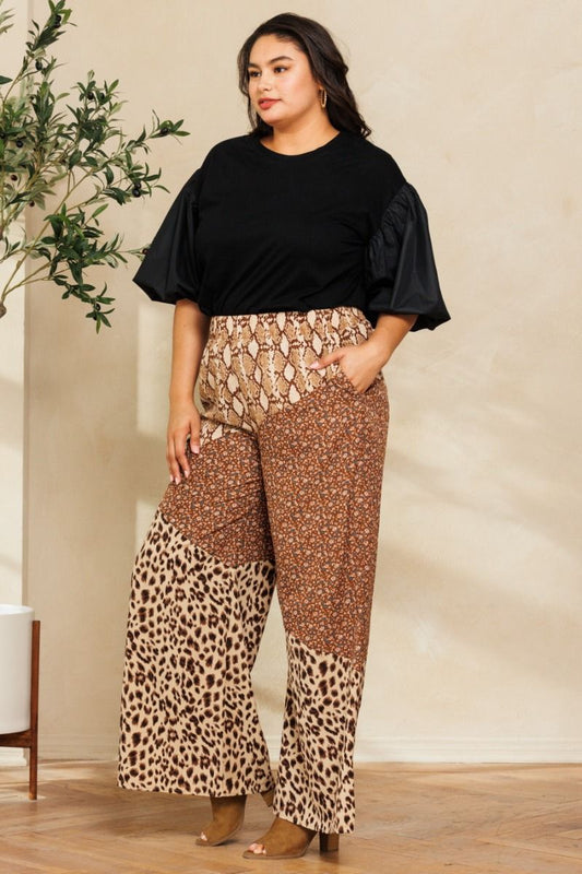 Mixed Animal and Floral Print Wide Leg Pants