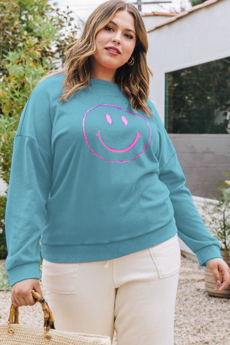 Washed Teal Smiley Face Oversized Sweatshirt
