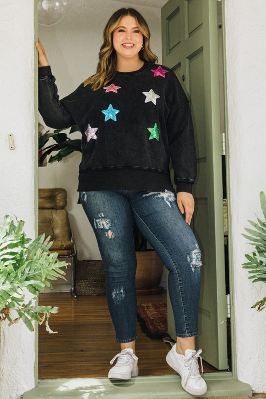 Blacked Wash Sequin Star Patch Oversized Sweatshirt