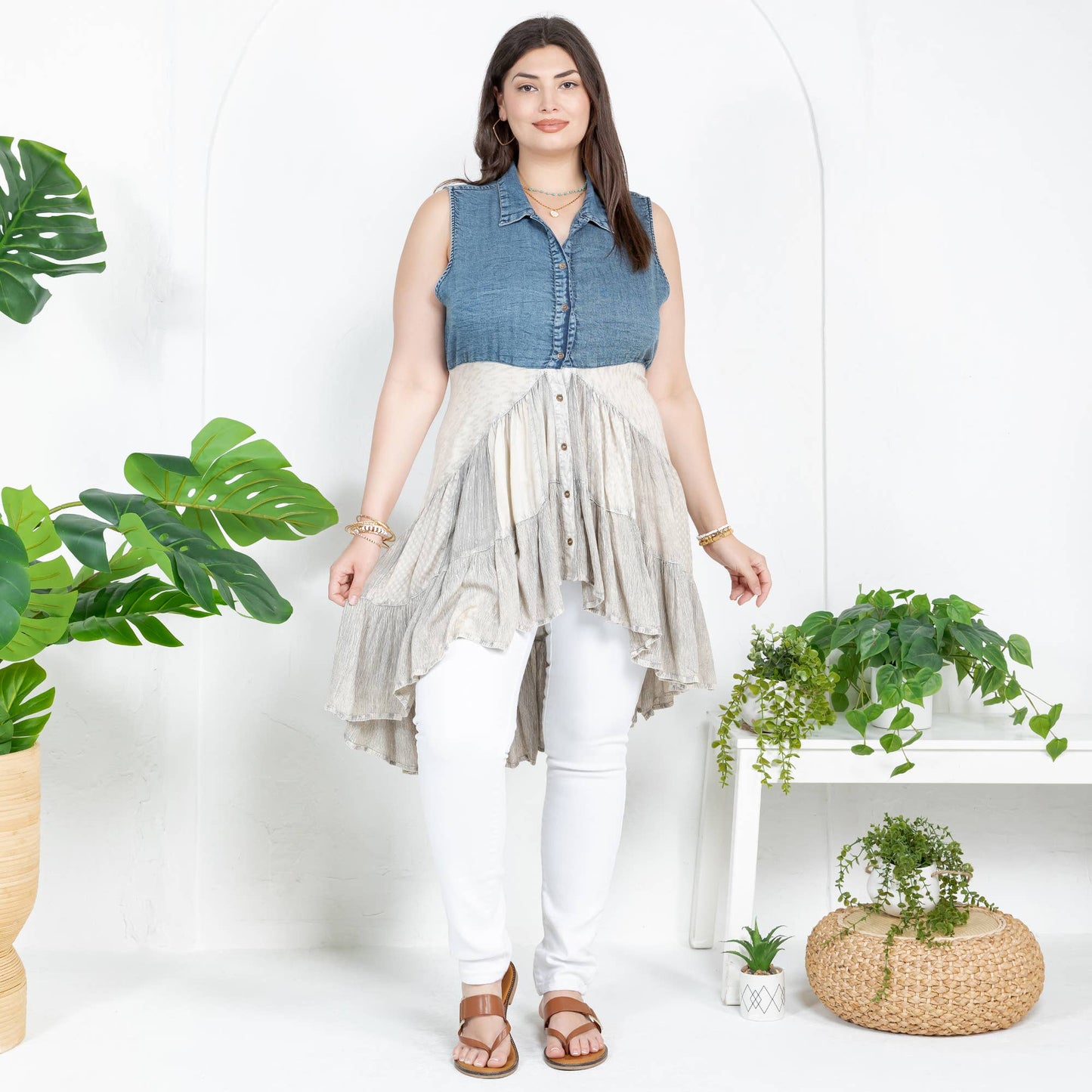 Young Threads - Latte Front-Open Asymmetrical High Low Top