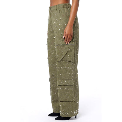 Pearl Embellished High Elastic Waisted Wide-Leg Cargo P