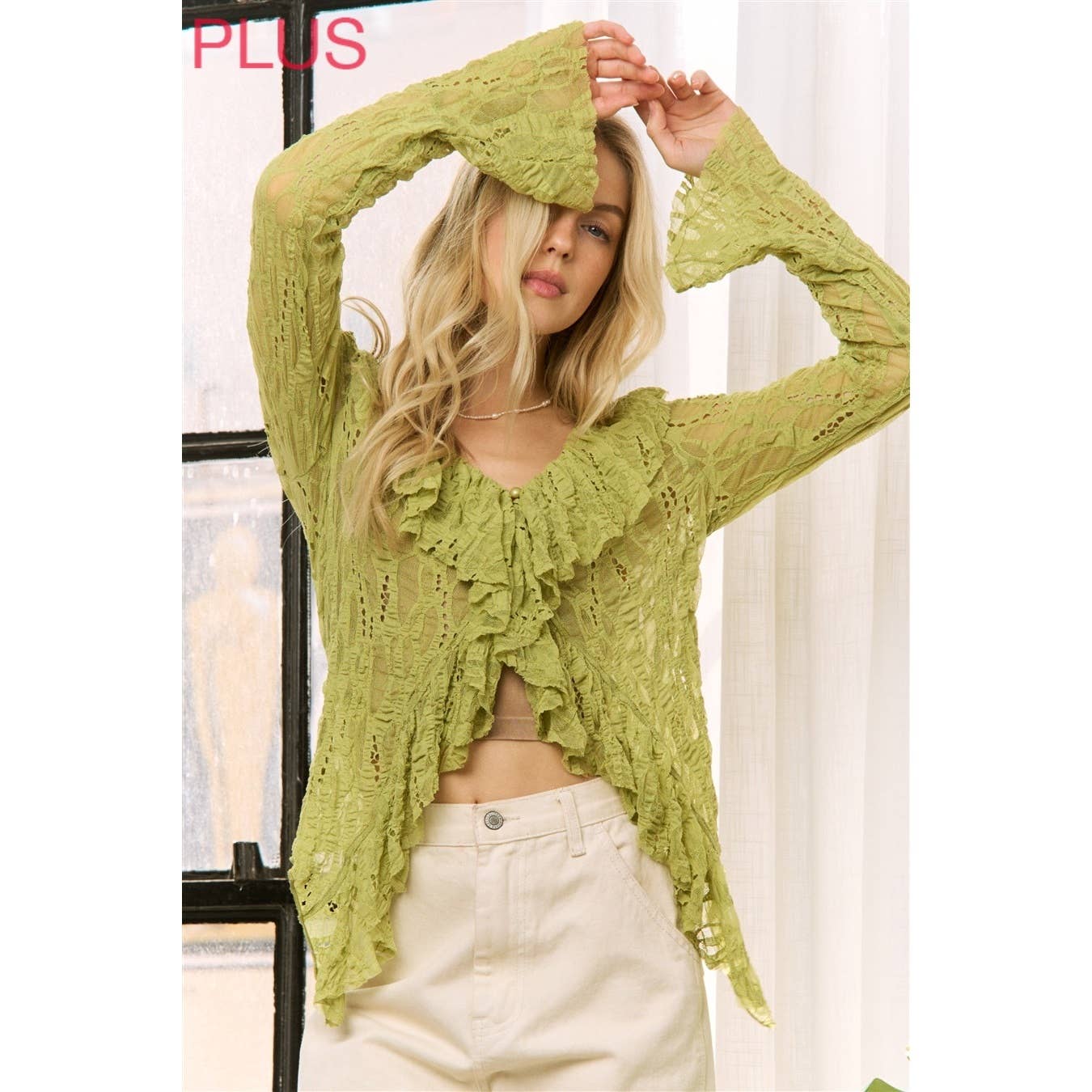 Sweet Generis - LIME GREEN LACE RUFFLE V-NECKLINE TOP WITH LONG SLEEVES