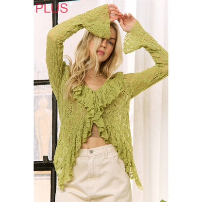 Sweet Generis - LIME GREEN LACE RUFFLE V-NECKLINE TOP WITH LONG SLEEVES