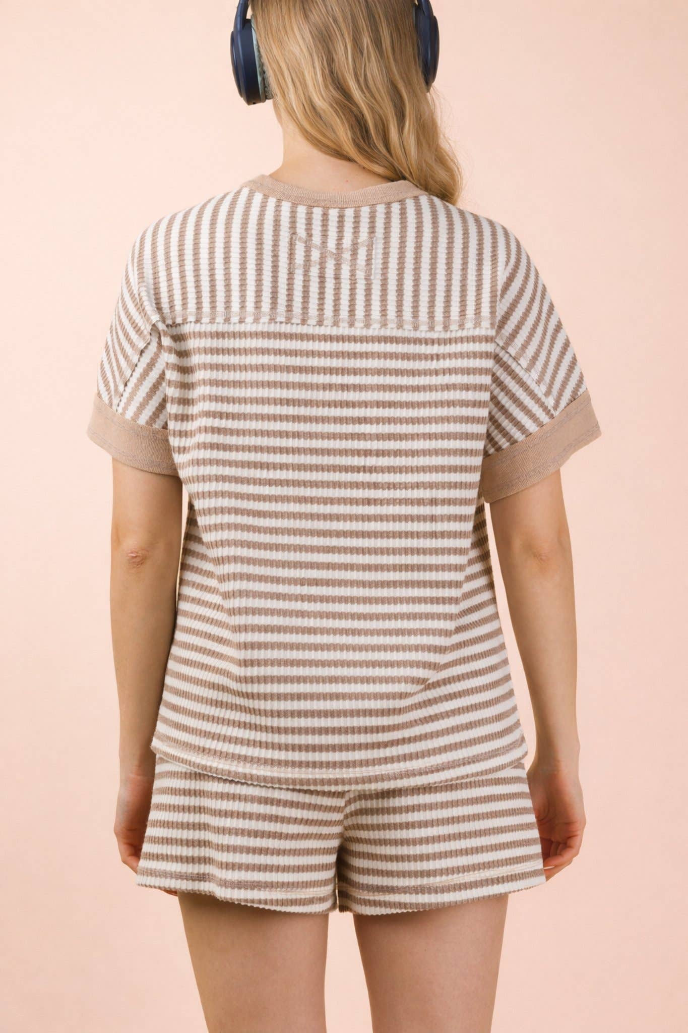 White/Oatmeal Striped Comfy Knit Top & Shorts Set