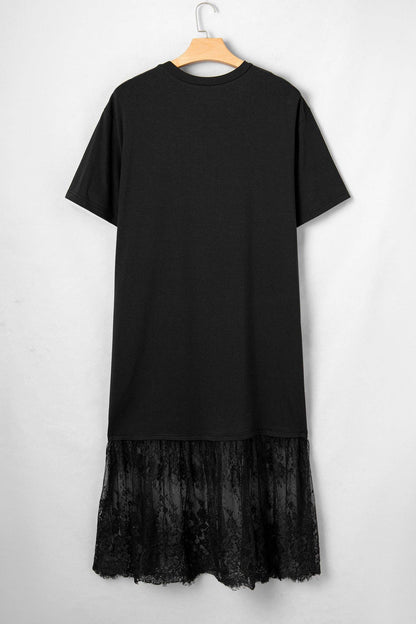 LALA LOO - Black Lace Trim T-Shirt Midi Dress