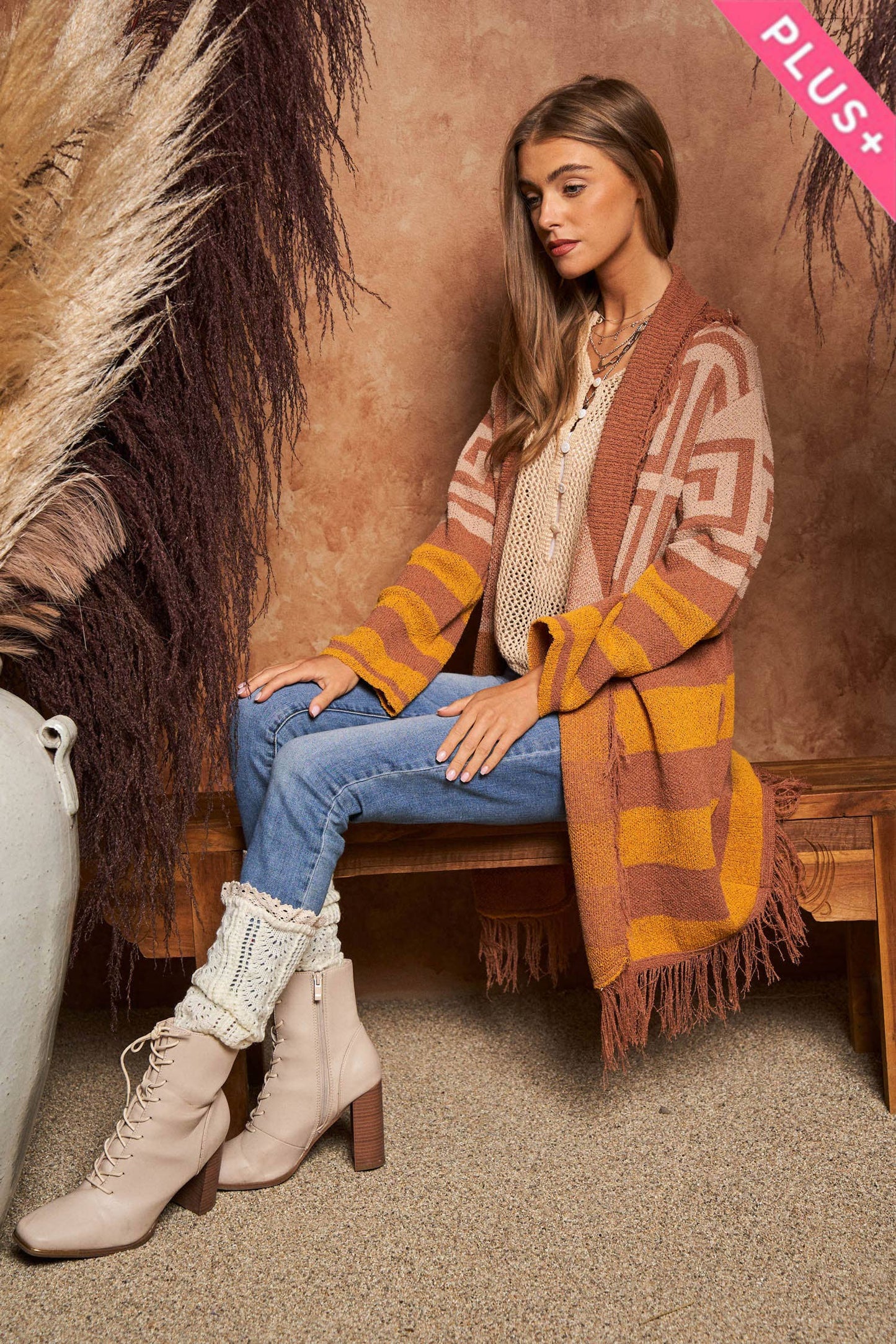FRINGE GEOMETRIC STRIPE CARDIGAN