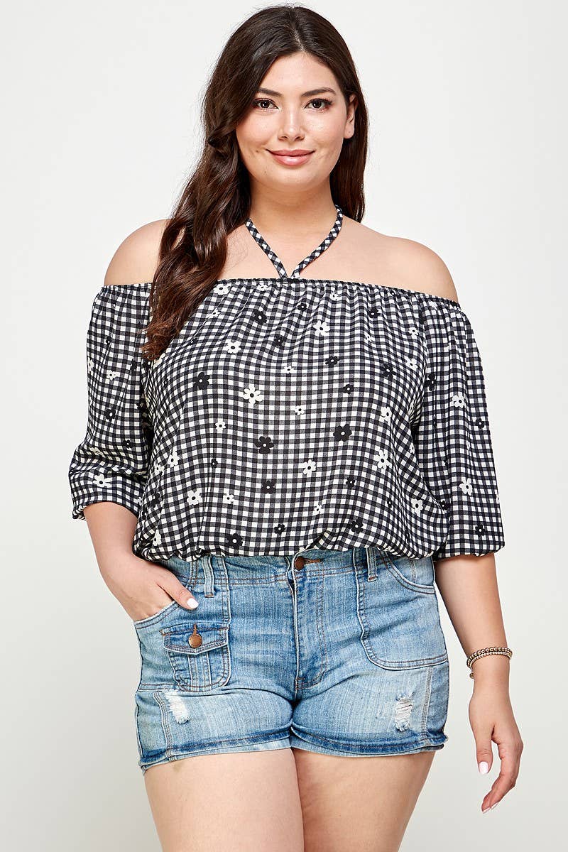 Black -The Curvy Checkered Off The Shoulder Top -