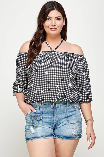 Black -The Curvy Checkered Off The Shoulder Top -