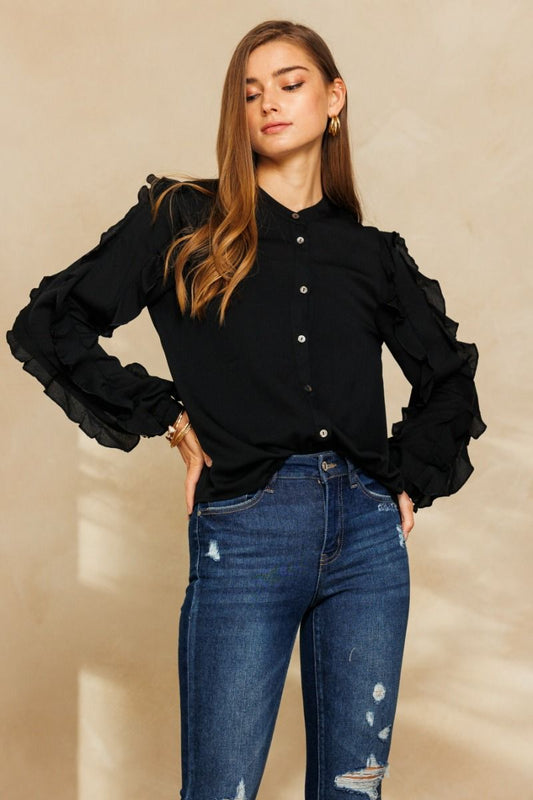 Black Ruffled Flowy Round Neck Blouse