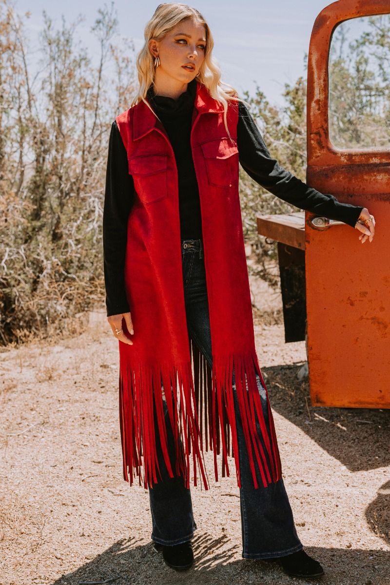 Burgundy Fringe Hem, Solid Suede Long Vest