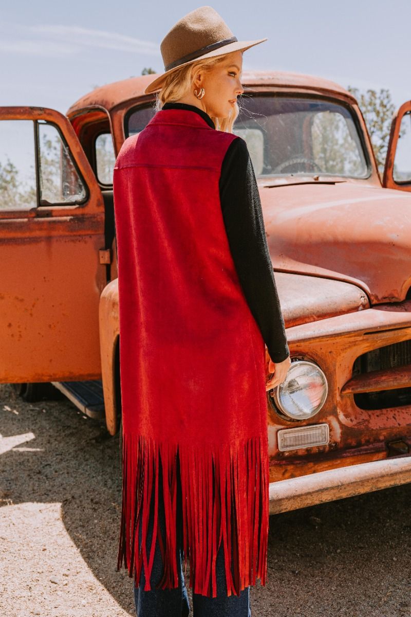 Burgundy Fringe Hem, Solid Suede Long Vest